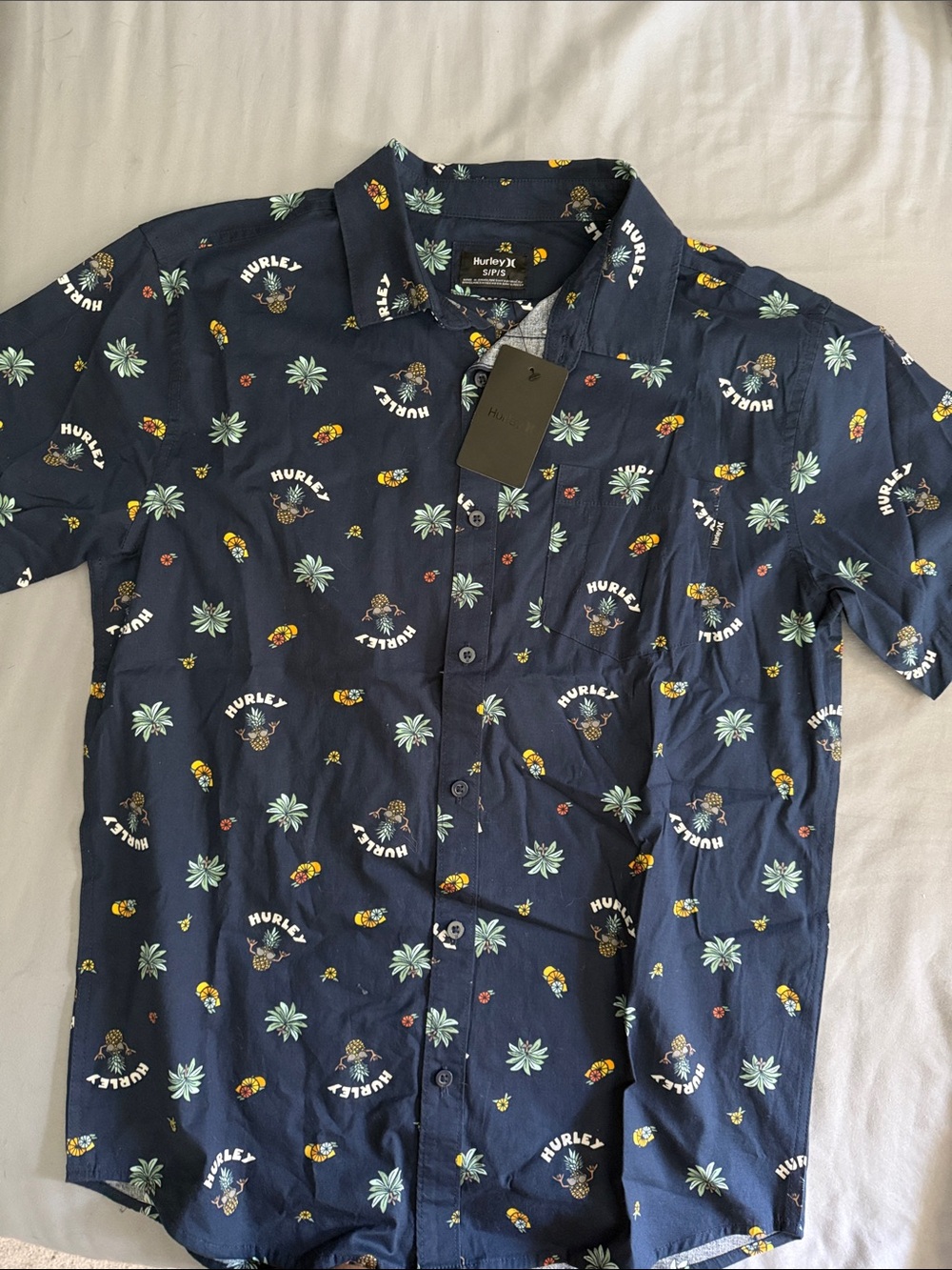 Hurley Navy Short-Sleeve Button-Down with Tropical Print